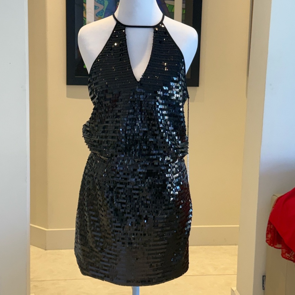 Black sequin woman’s cocktail mini dress Jay Godfrey NWT S4